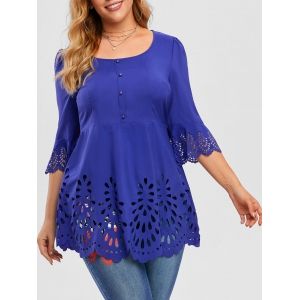 

Plus Size Laser Cut Bell Sleeve Top, Blue