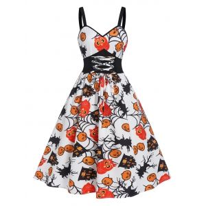 

Halloween Pumpkin Checked Lace Up Cami A Line Dress, Multi b