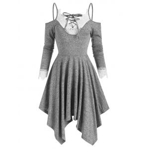 

Lace Panel Open Shoulder Lace Up Long Sleeve Dress, Gray