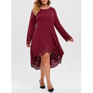 

Plus Size Laser Cut High Low Midi Dress, Deep red