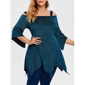 

Glitter Cold Shoulder Handkerchief Disco Plus Size Top, Green