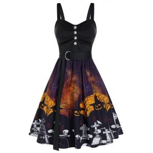 

Halloween Pumpkin Skull Print Belted Mini Cami Dress, Black