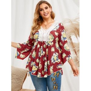 

Lace Patched Floral Lace Up Flare Sleeve Plus Size Blouse, Deep red