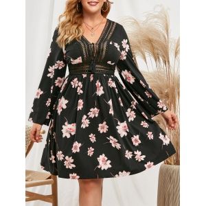 

Crochet Trim Tassels Tie Collar Floral Plus Size Dress, Black