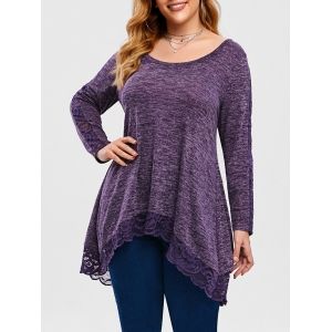 

Plus Size Lace Trim Space Dyed High Low T-shirt, Purple iris
