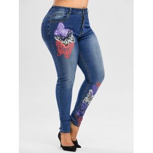 

High Waisted Multicolored Butterfly Plus Size Skinny Jeans, Deep blue