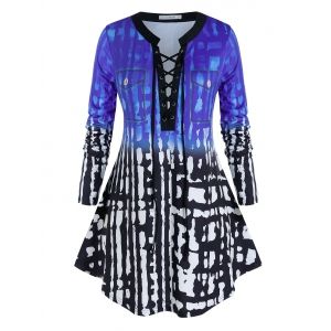 

Plus Size Lace-up Pocket Printed Curved Hem Tunic Top, Deep blue