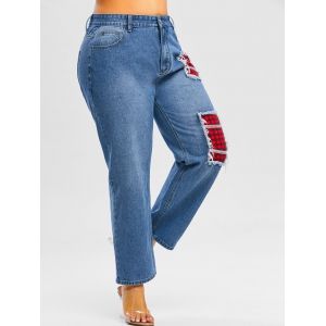 

Plus Size Distressed Plaid Patch Jeans, Deep blue