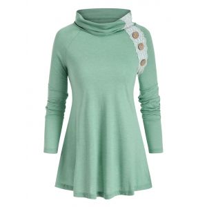 

Mock Button Lace Panel Raglan Sleeve T-shirt, Light green