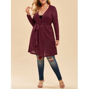 

Plus Size Hooded Belted Open Front Cardigan, Red wine