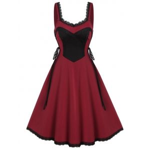 

Bicolor Lace Up Lace Trim Mini Cami Dress, Red wine