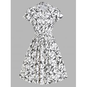 

Half Button Face Heart Graphic Print Belted Dress, White