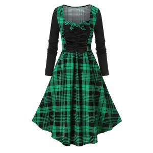 

Plaid Print Bowknot Detail Ruched Vintage Dress, Deep green