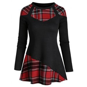 

Plaid Knitted Panel Asymmetric Top, Black