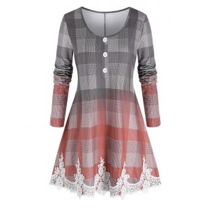 

Plus Size Ombre Plaid Applique Hem Buttoned Tunic Tee, Multi a