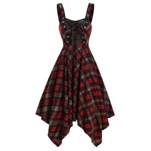 

Sleeveless Lace-up Plaid Print Handkerchief Dress, Multi a