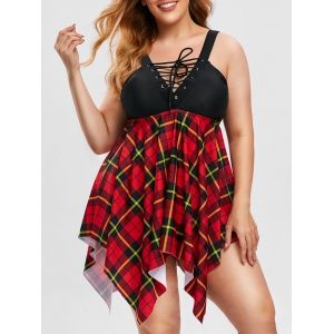 

Handkerchief Plaid Lace Up Plus Size Tankini Swimwear, Red