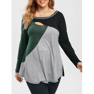 

Plus Size Color Blocking Cutout Chain Detail Long Sleeve Tee, Multi a