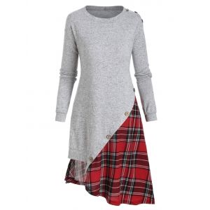 

Plaid Panel 2 In 1 Buttons Asymmetric Dress, Light gray