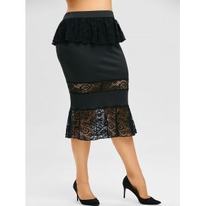 

Plus Size Lace Insert Ruffle Midi Fishtail Skirt, Black