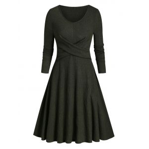 

Ribbed Front Cross Knitted Flare Dress, Dark forest green