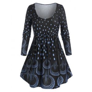 

Plus Size Waterdrop Print Lace-up A Line Tunic Tee, Black