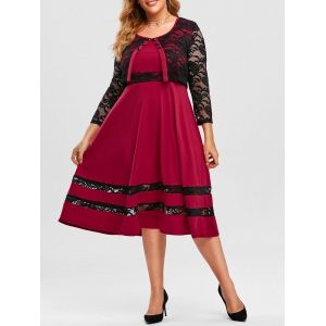 

Plus Size Lace Panel Midi Cape Dress, Red wine