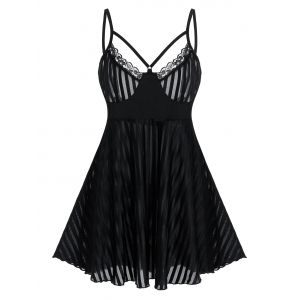 

Plus Size Strappy Lace Trim Striped Babydoll, White