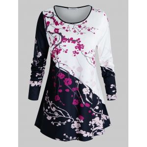 

Plus Size Contrast Floral Print Long Sleeve T-shirt, Black