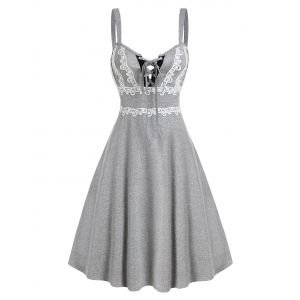 

Lace Up Lace Panel Cami A Line Dress, Light gray