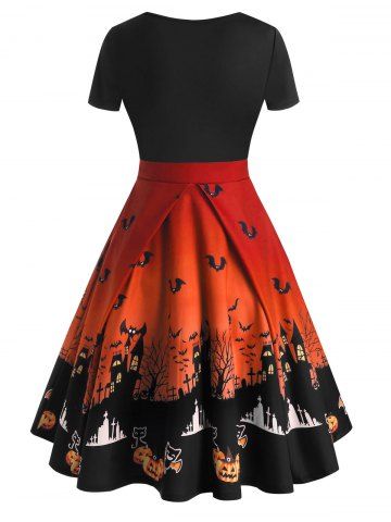 

Buttons Halloween Bat Pumpkin Castle Print Dress, Halloween orange