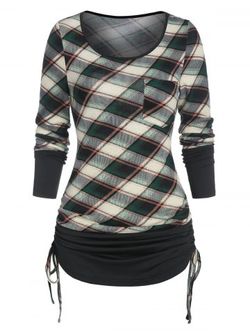 Ruched Plaid Cinched T Shirt - LIGHT GREEN - M