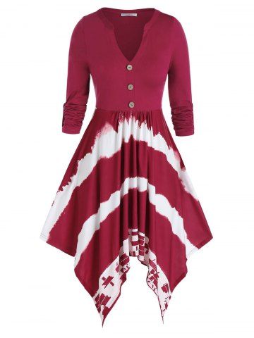 Plus Size Dip Dye Handkerchief Roll Up Sleeve Dress - DEEP RED - L