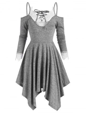 Abra el Panel de encaje de hombro vestido de manga larga de encaje hasta - GRAY - XL