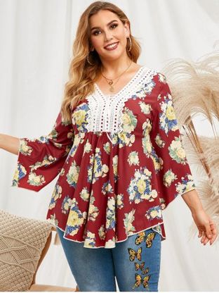 Lace Patched Floral Lace Up Flare Sleeve Plus Size Blouse