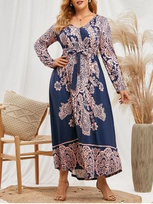 Plus Size Printed Belted Maxi Surplice Dress