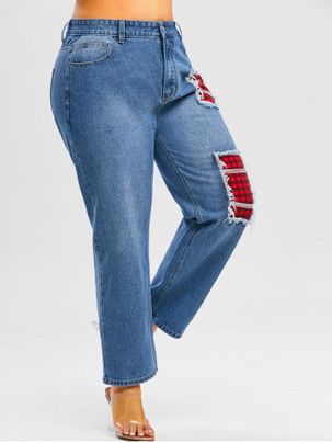 Plus Size Distressed Plaid Patch Jeans