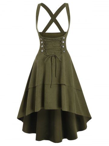 Lace Up Layered High Low Suspender Skirt - ARMY GREEN - XL
