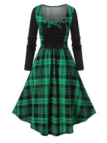 Imprimir la tela escocesa de Detalle del Bowknot Vestido con pliegues de la vendimia - DEEP GREEN - L