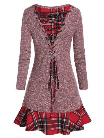 Plaid Panel Back Lace Up Skirted Knitwear - LIPSTICK PINK - L