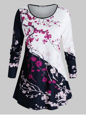 Plus Size Contrast Floral Print Long Sleeve T-shirt - BLACK - L
