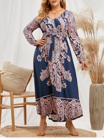 Plus Size Printed Belted Maxi Surplice Dress - DEEP BLUE - 1X