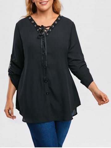 Plus Size Roll Up Sleeve Lace Up Chiffon Top - BLACK - 1X