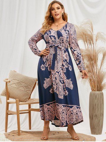 Plus Size Printed Belted Maxi Surplice Dress