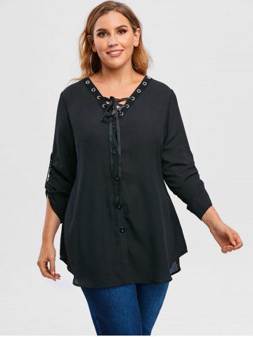 Plus Size Roll Up Sleeve Lace Up Chiffon Top