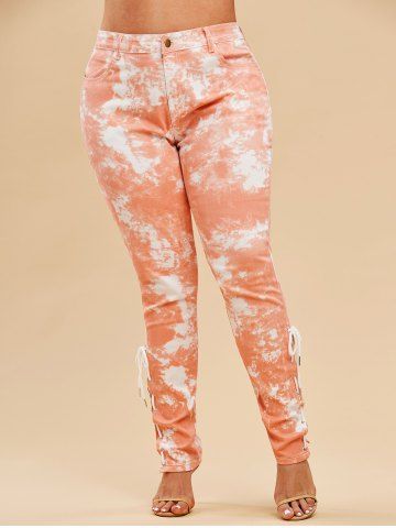 Plus Size Tie Dye Lace-up High Rise Pocket Jeans
