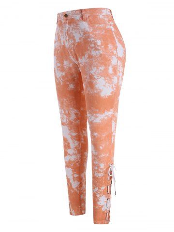 Plus Size Tie Dye Lace-up High Rise Pocket Jeans
