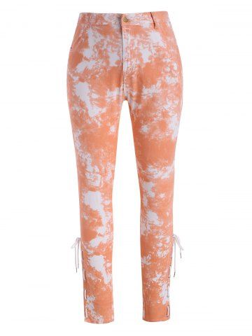 Plus Size Tie Dye Lace-up High Rise Pocket Jeans