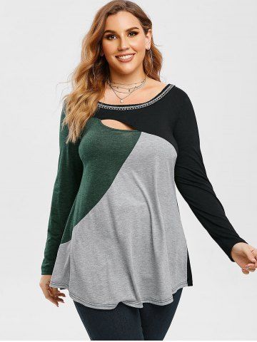 Plus Size Color Blocking Cutout Chain Detail Long Sleeve Tee
