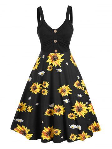 Sunflower Print Mock Button Cami A Line Dress - MULTI - S